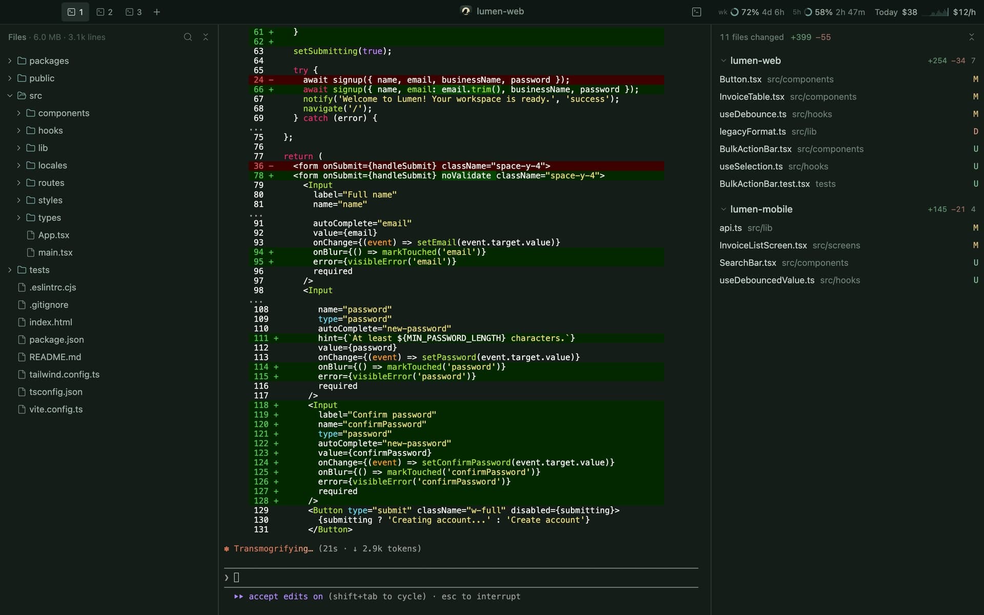 Perch showing Claude Code tabs, a file tree, git diffs and usage meters in one window